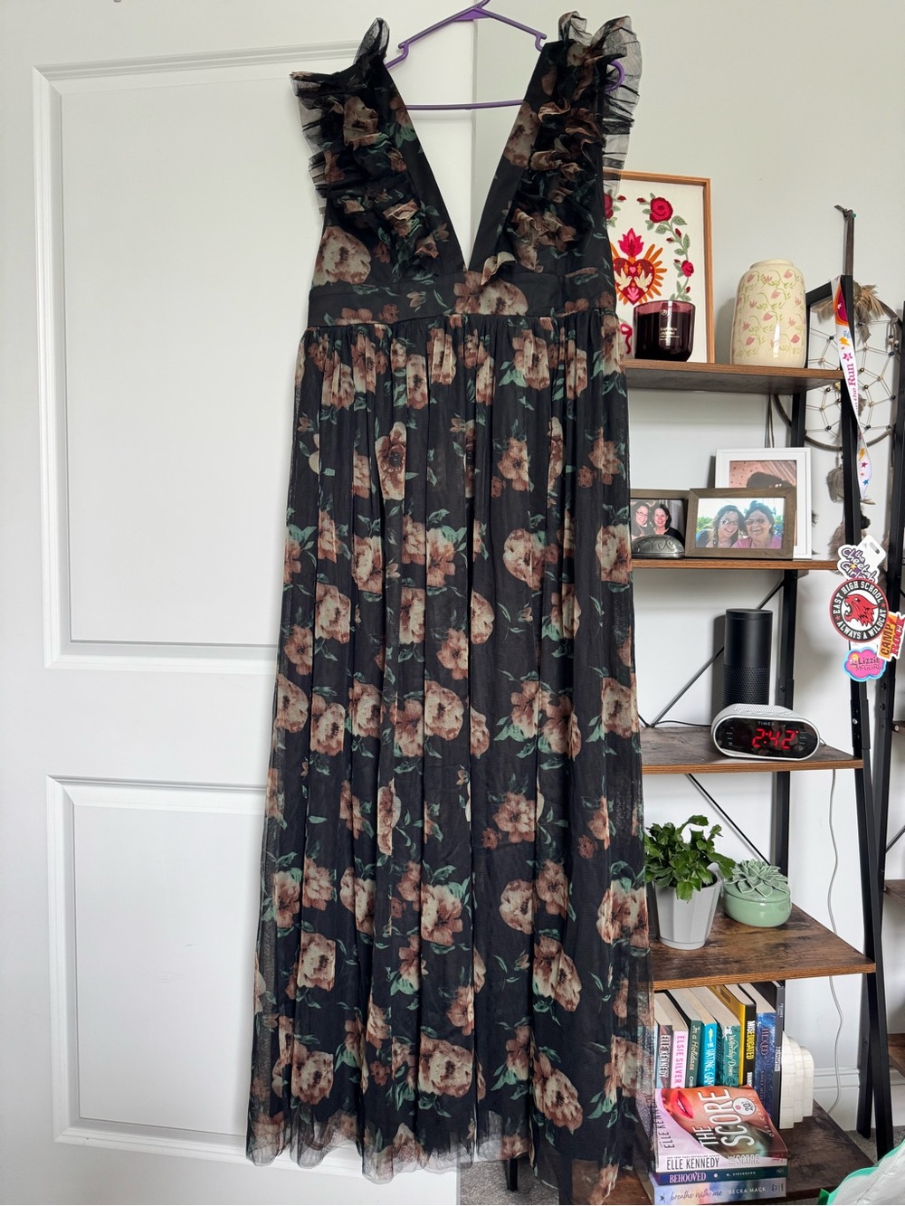Lulu's Black Floral Maxi Dress with Ruffle V-Neck